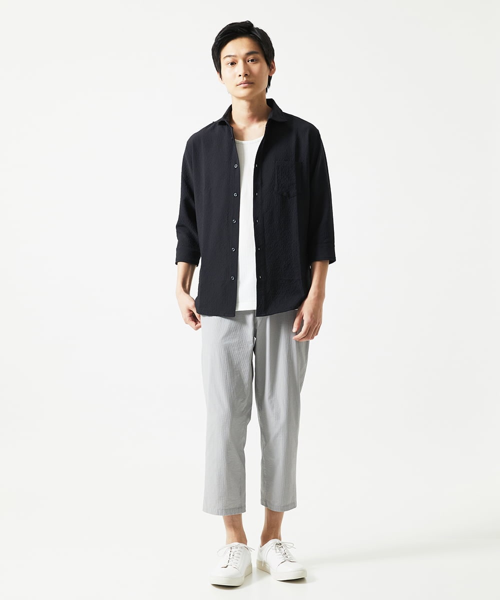 MKBHC19090 MK MICHEL KLEIN HOMME(MKミッシェルクランオム) 【洗える】清涼ブロックサッカー七分袖シャツ ブラック