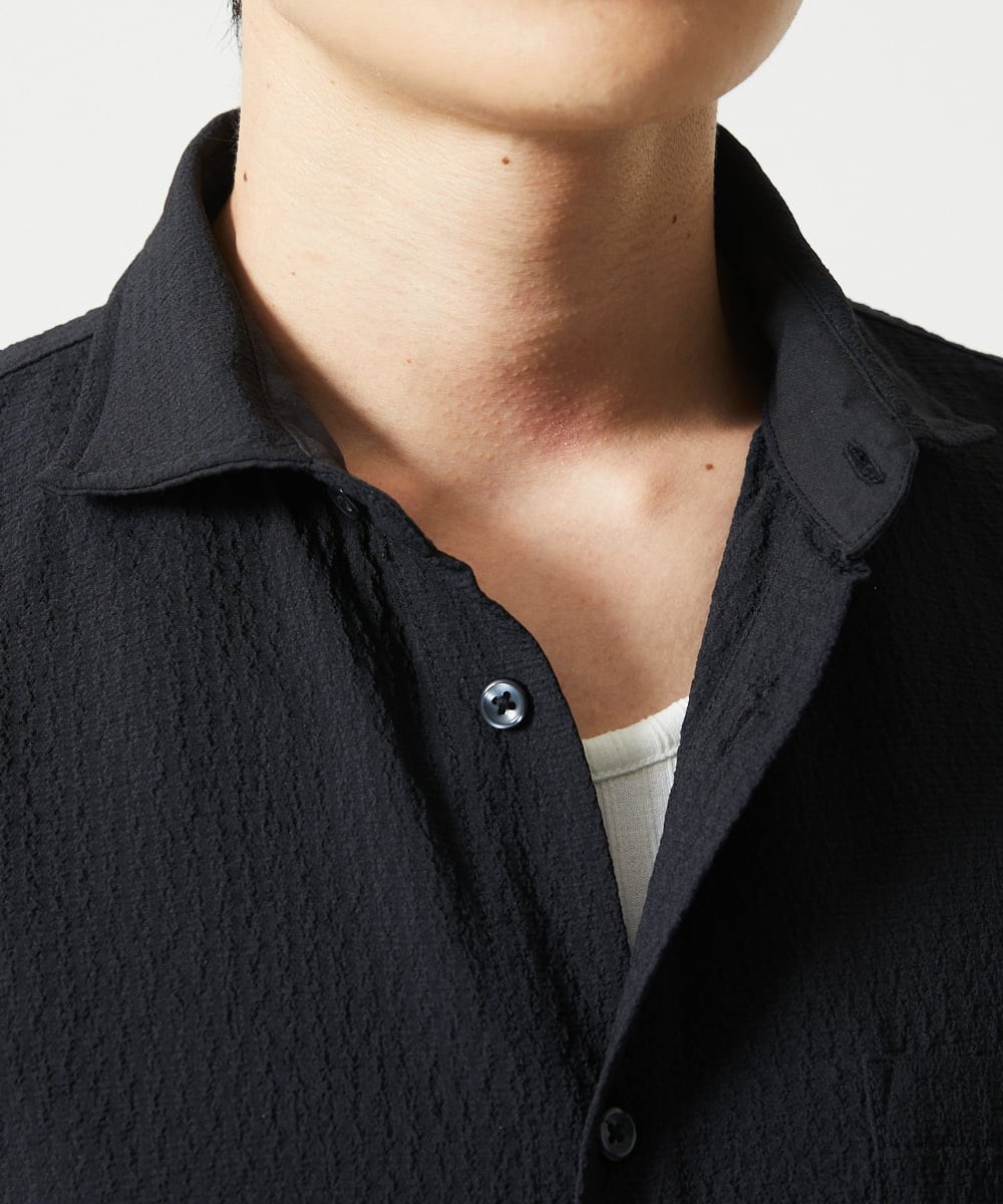 MKBHC19090 MK MICHEL KLEIN HOMME(MKミッシェルクランオム) 【洗える】清涼ブロックサッカー七分袖シャツ ブラック