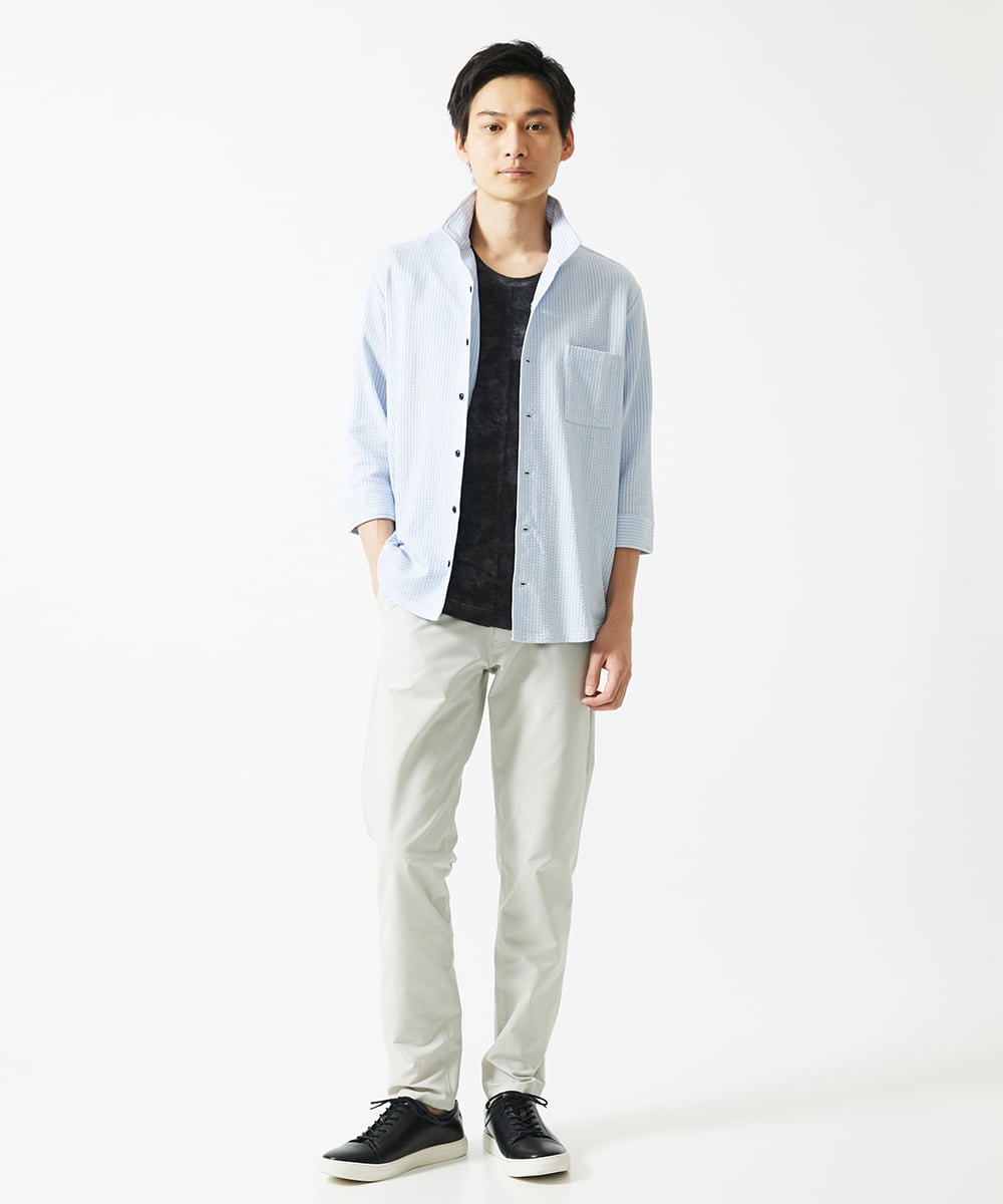 MKBHC32130 MK MICHEL KLEIN HOMME(MKミッシェルクランオム) スタンドカラーシャツ / ストライプサッカー　 ライトブルー
