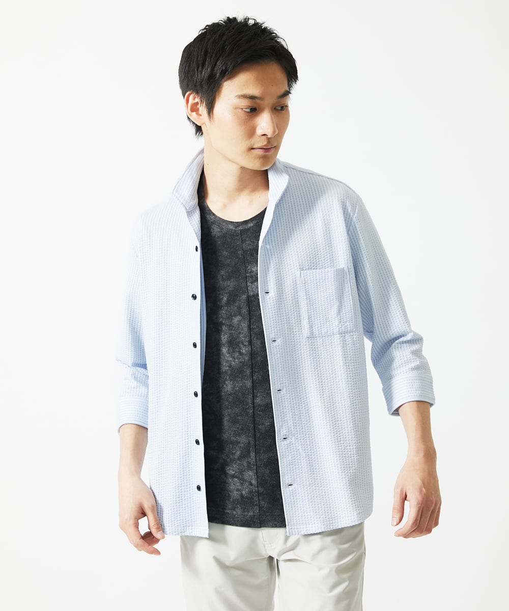 MKBHC32130 MK MICHEL KLEIN HOMME(MKミッシェルクランオム) スタンドカラーシャツ / ストライプサッカー　 ライトブルー
