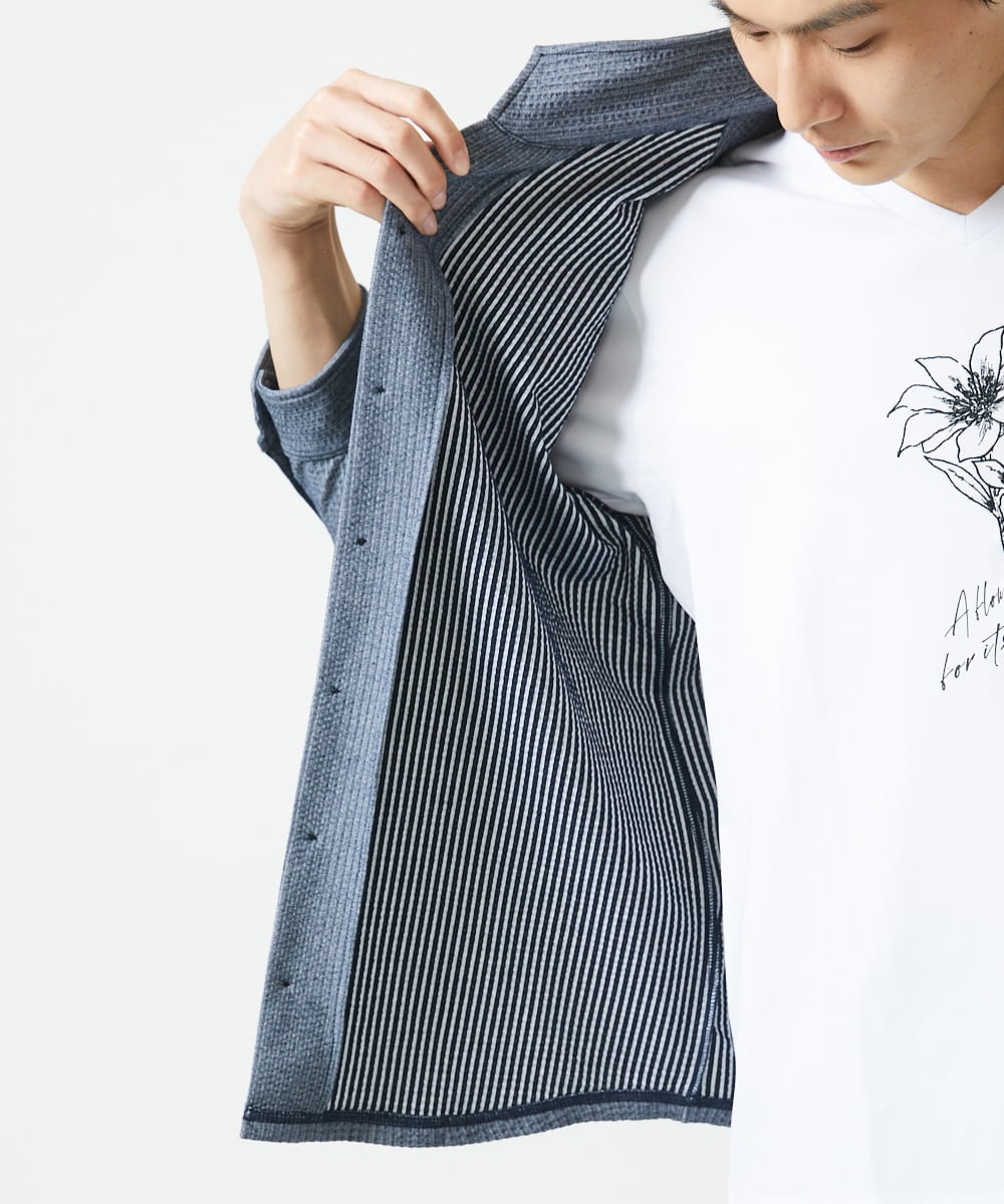 MKBHC32130 MK MICHEL KLEIN HOMME(MKミッシェルクランオム) スタンドカラーシャツ / ストライプサッカー　 ブルー
