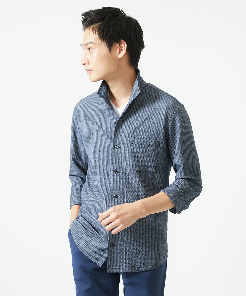MKBHC32130 MK MICHEL KLEIN HOMME(MKミッシェルクランオム) スタンドカラーシャツ / ストライプサッカー　 ブルー