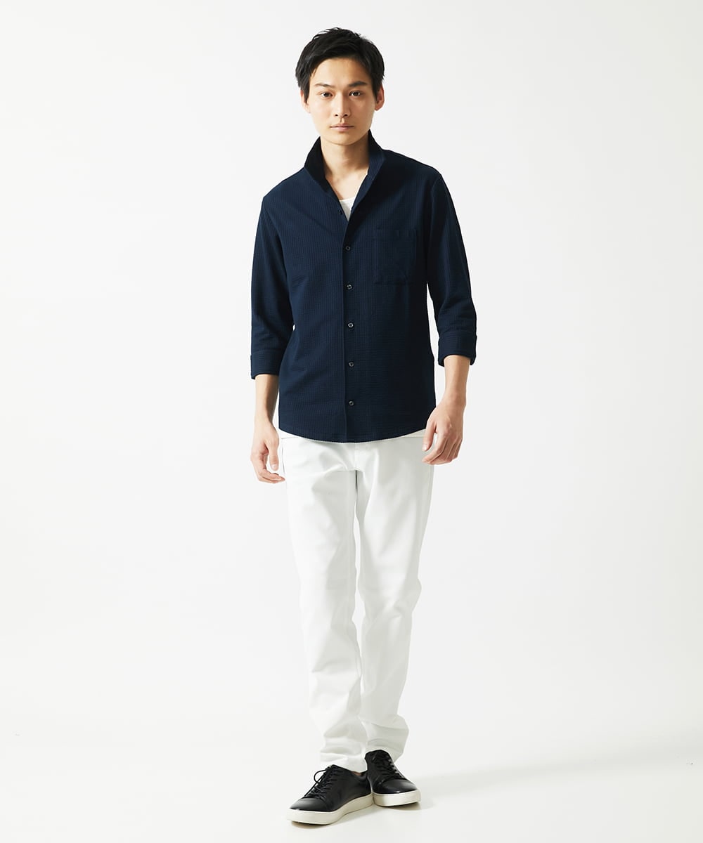 MKBHC32130 MK MICHEL KLEIN HOMME(MKミッシェルクランオム) スタンドカラーシャツ / ストライプサッカー　 ネイビー