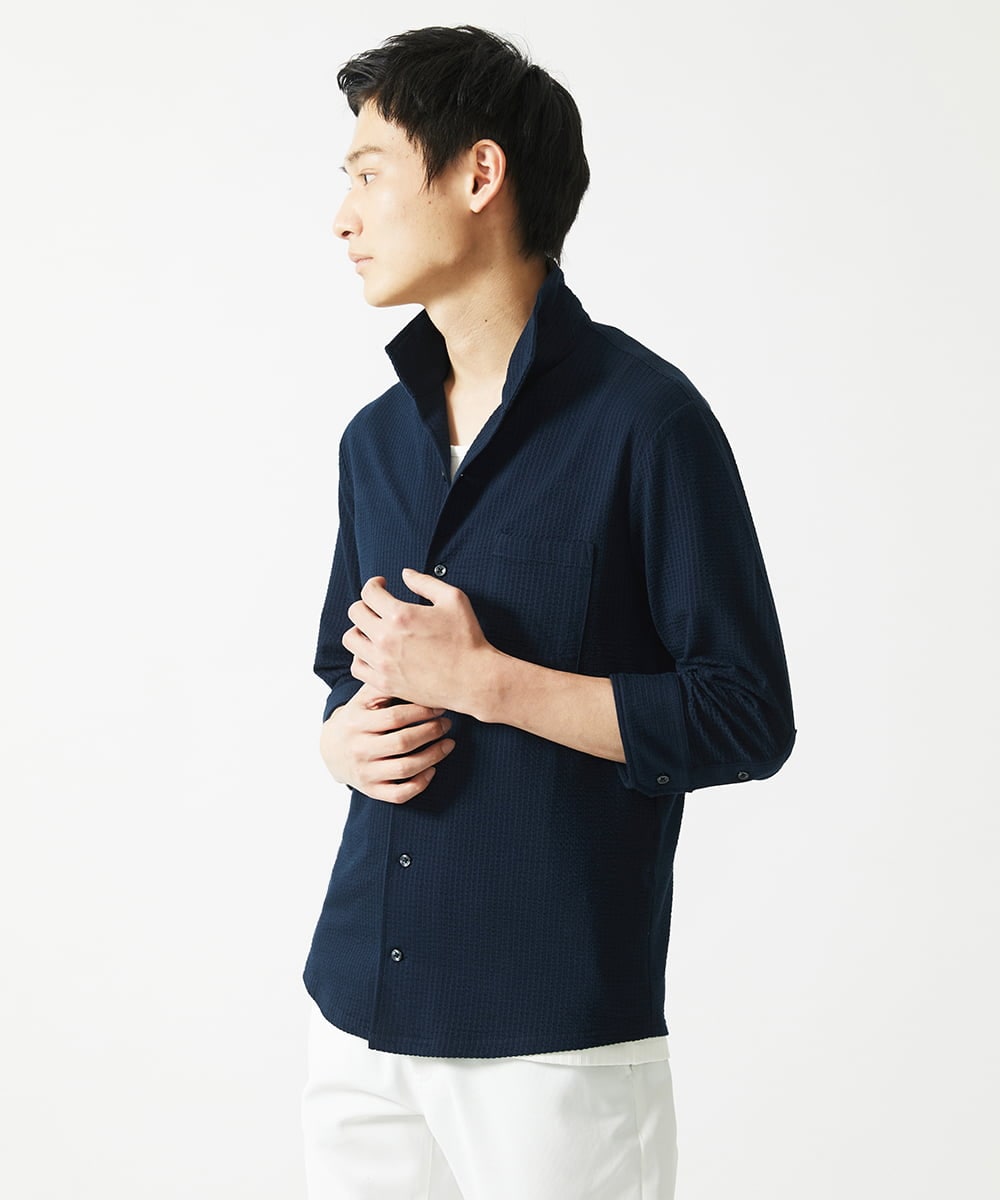 MKBHC32130 MK MICHEL KLEIN HOMME(MKミッシェルクランオム) スタンドカラーシャツ / ストライプサッカー　 ネイビー