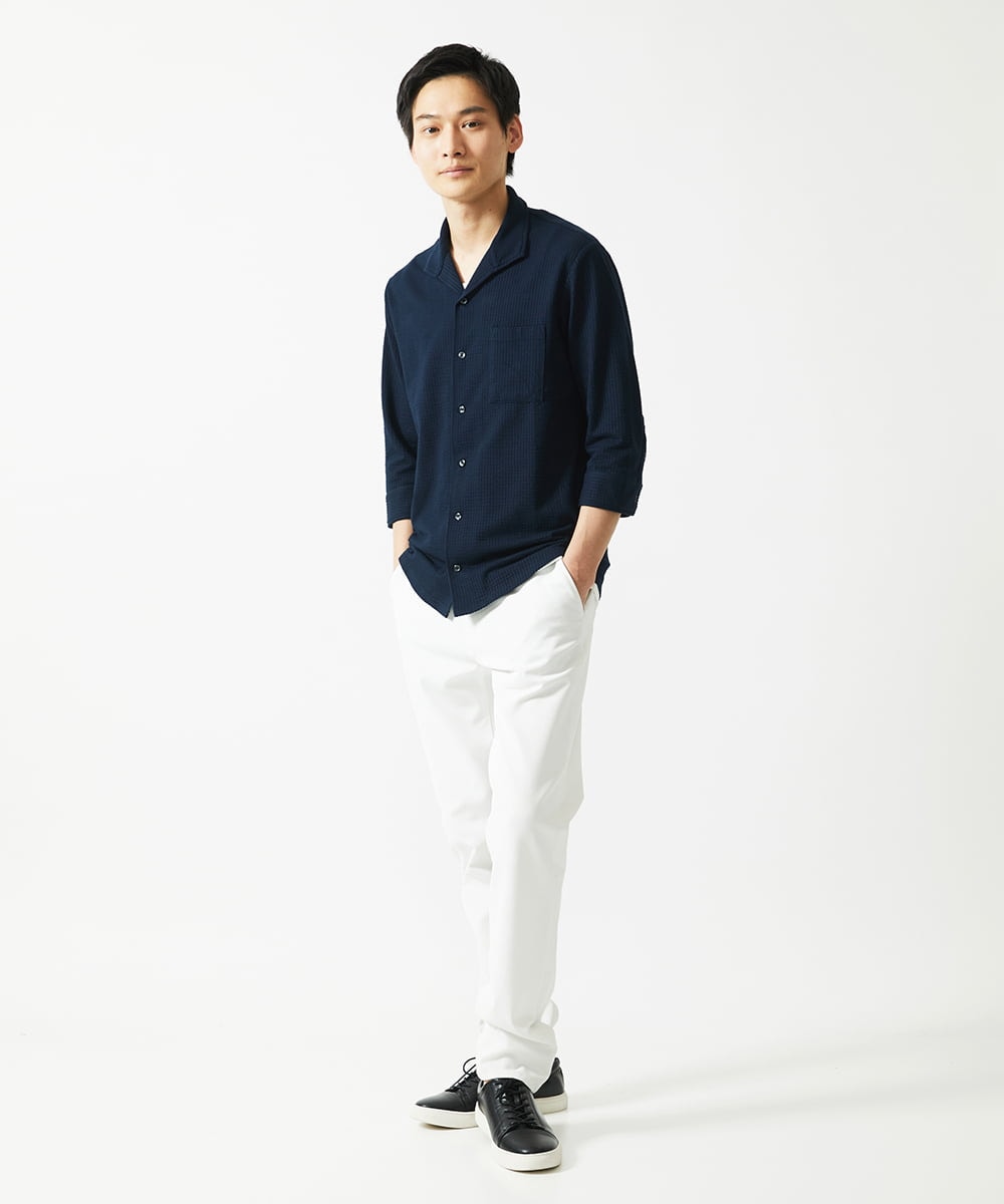 MKBHC32130 MK MICHEL KLEIN HOMME(MKミッシェルクランオム) スタンドカラーシャツ / ストライプサッカー　 ネイビー