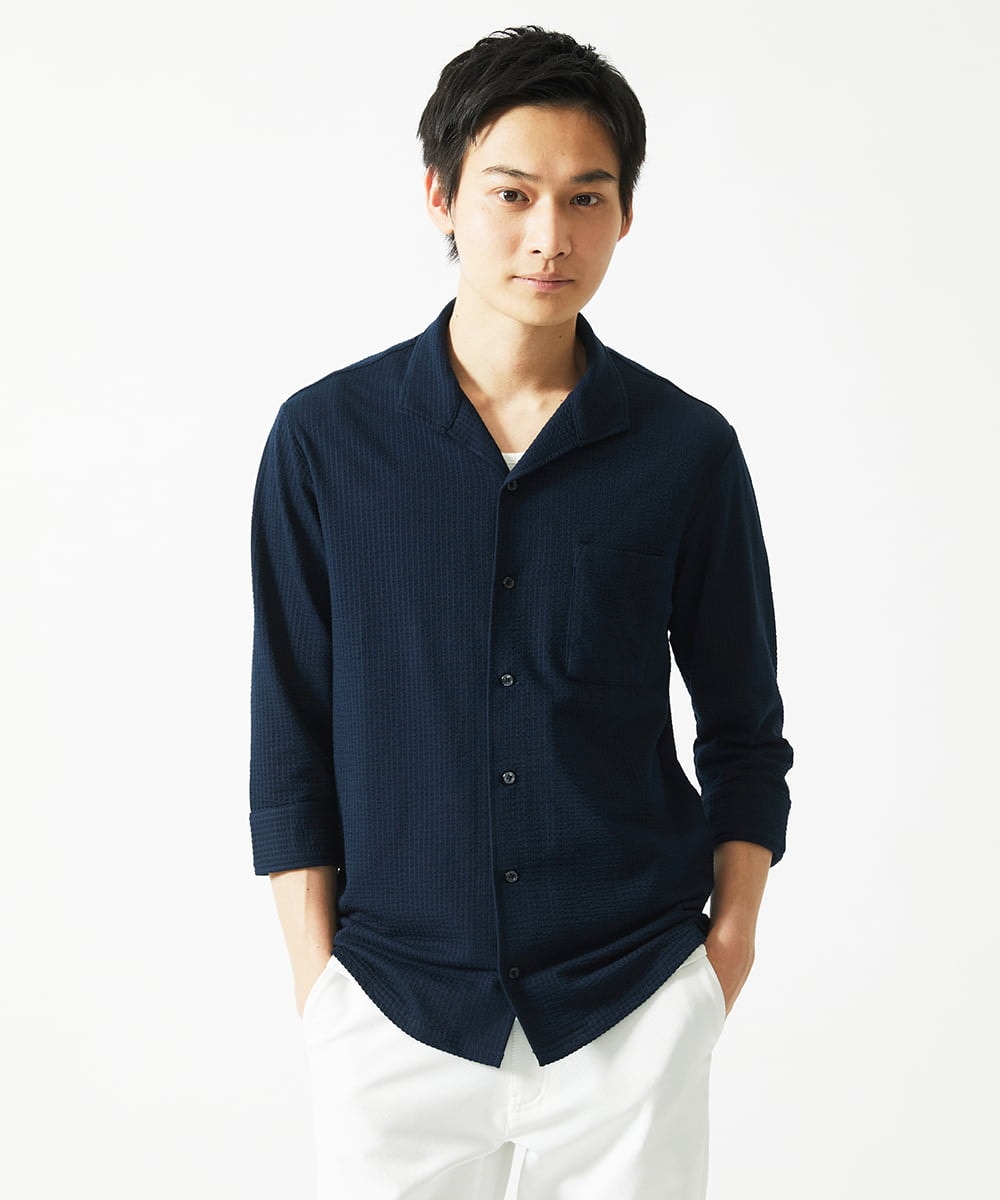 MKBHC32130 MK MICHEL KLEIN HOMME(MKミッシェルクランオム) スタンドカラーシャツ / ストライプサッカー　 ネイビー