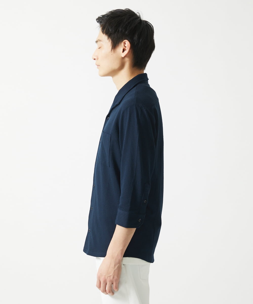 MKBHC32130 MK MICHEL KLEIN HOMME(MKミッシェルクランオム) スタンドカラーシャツ / ストライプサッカー　 ネイビー