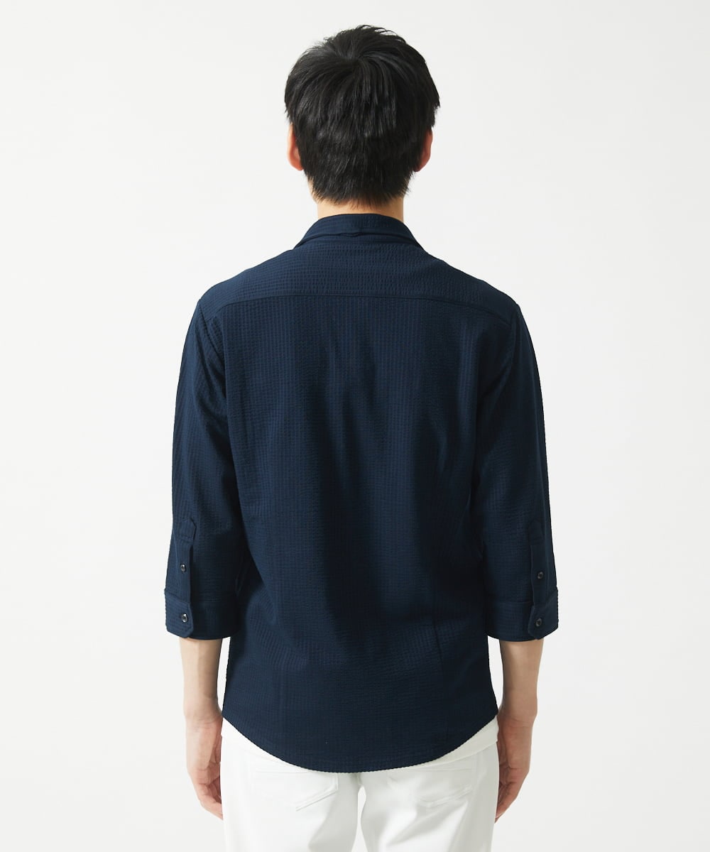 MKBHC32130 MK MICHEL KLEIN HOMME(MKミッシェルクランオム) スタンドカラーシャツ / ストライプサッカー　 ネイビー