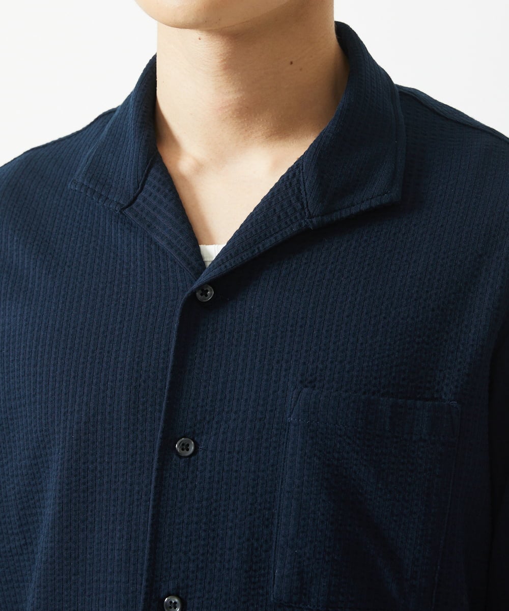 MKBHC32130 MK MICHEL KLEIN HOMME(MKミッシェルクランオム) スタンドカラーシャツ / ストライプサッカー　 ネイビー