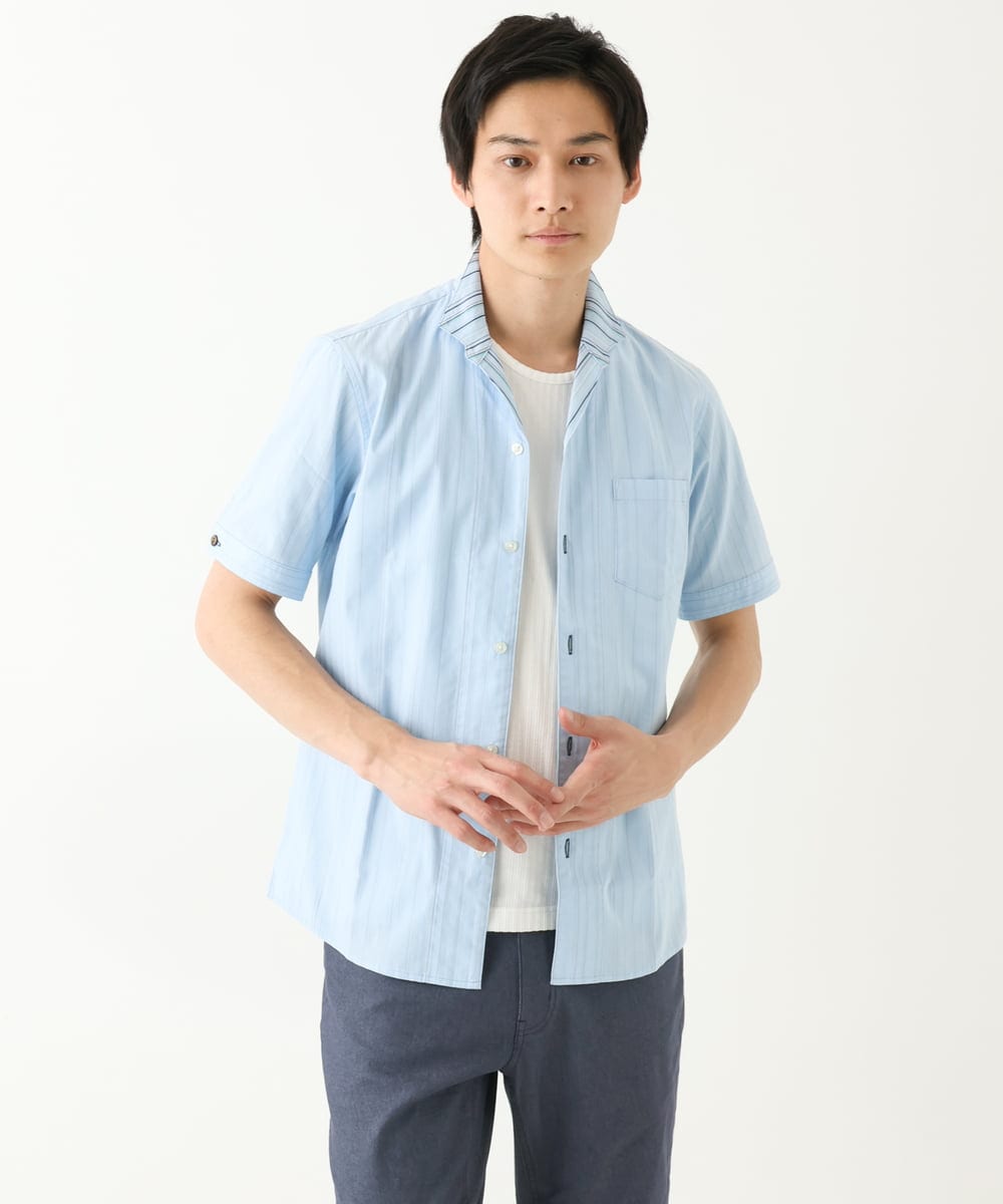 MKBHC55120 MK MICHEL KLEIN HOMME(MKミッシェルクランオム) 【日本製生地使用】半袖シャツ / ドビーリバーシブルストライプ ライトブルー