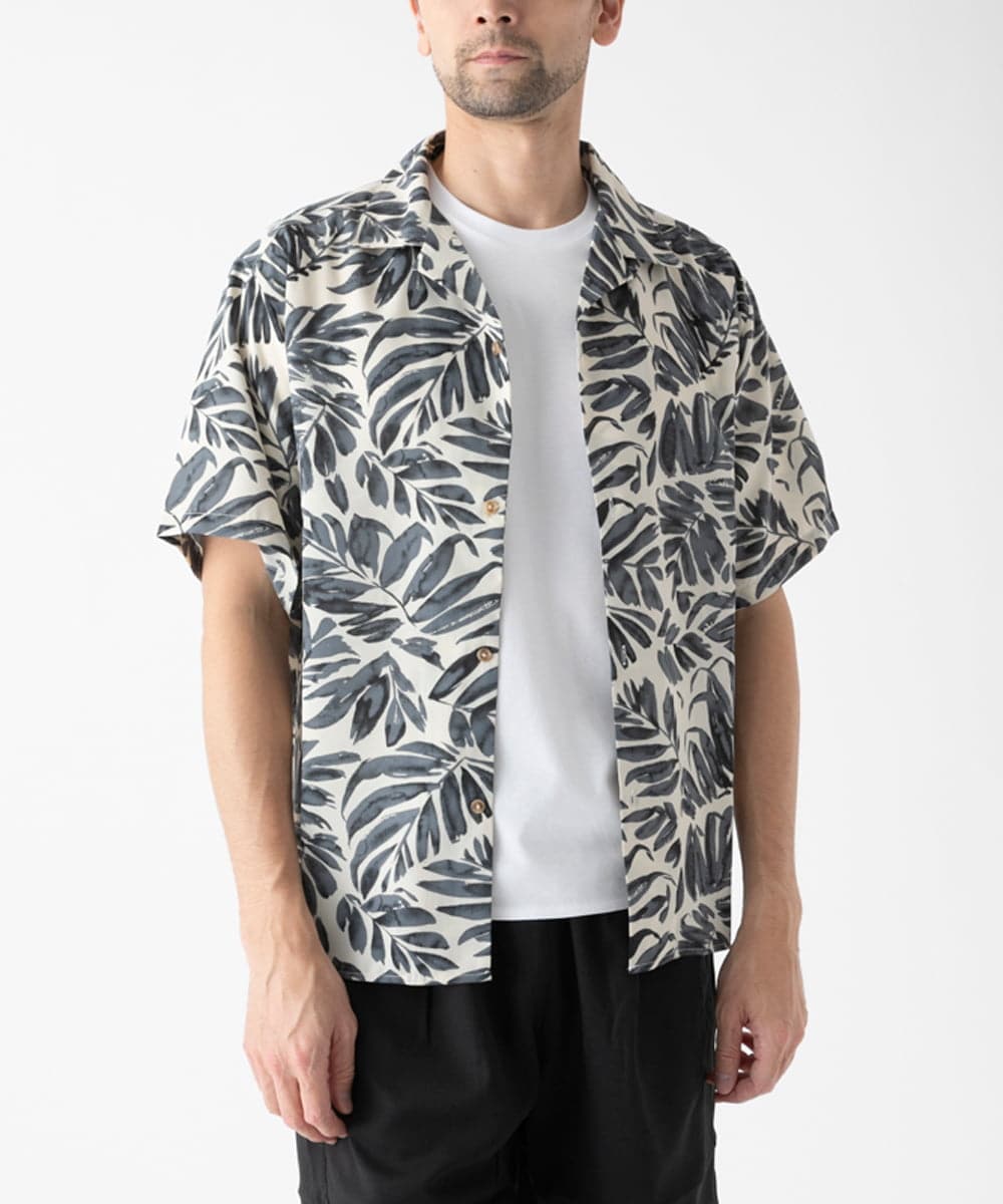 MKBHC87090 MK MICHEL KLEIN HOMME(MKミッシェルクランオム) 【リラックスサイズ/洗える】リーフ柄半袖シャツ ホワイト