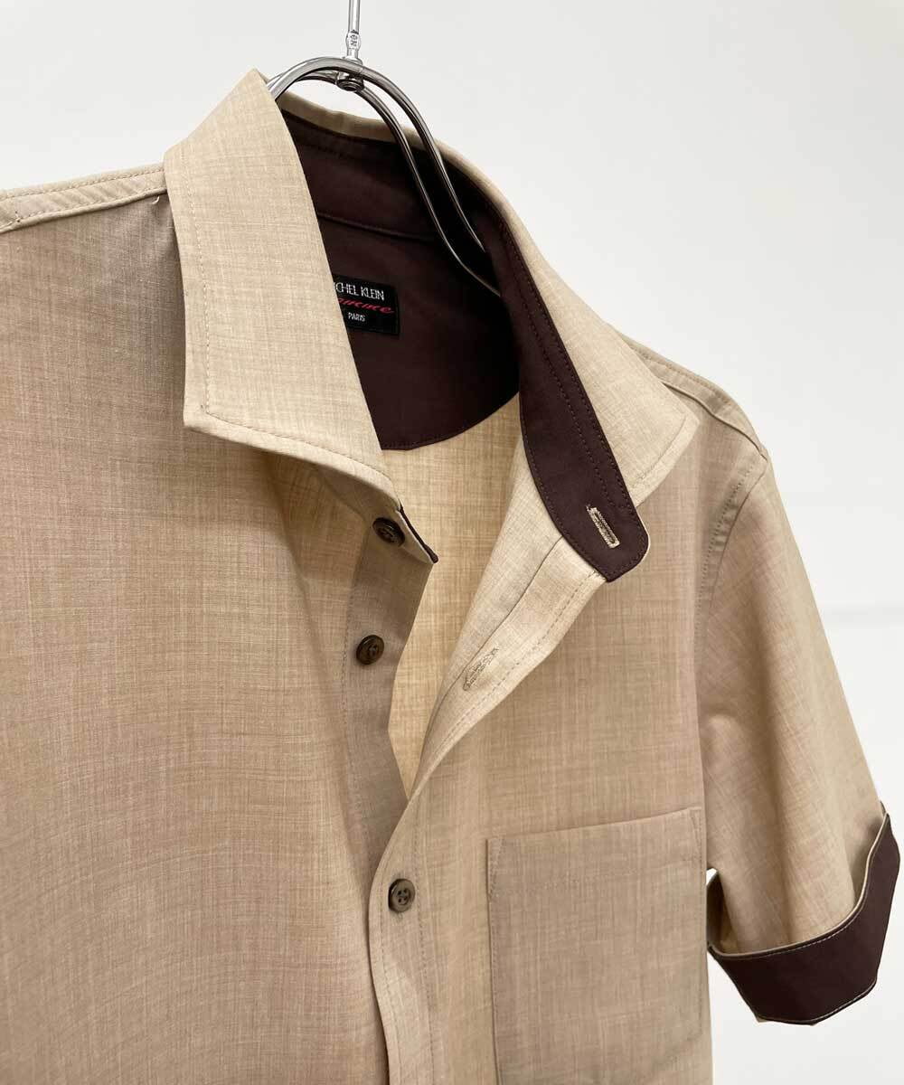 MKBHU11090 MK MICHEL KLEIN HOMME(MKミッシェルクランオム) シンプルベーシックシャツ / TR素材前空きデザイン ベージュ(82)