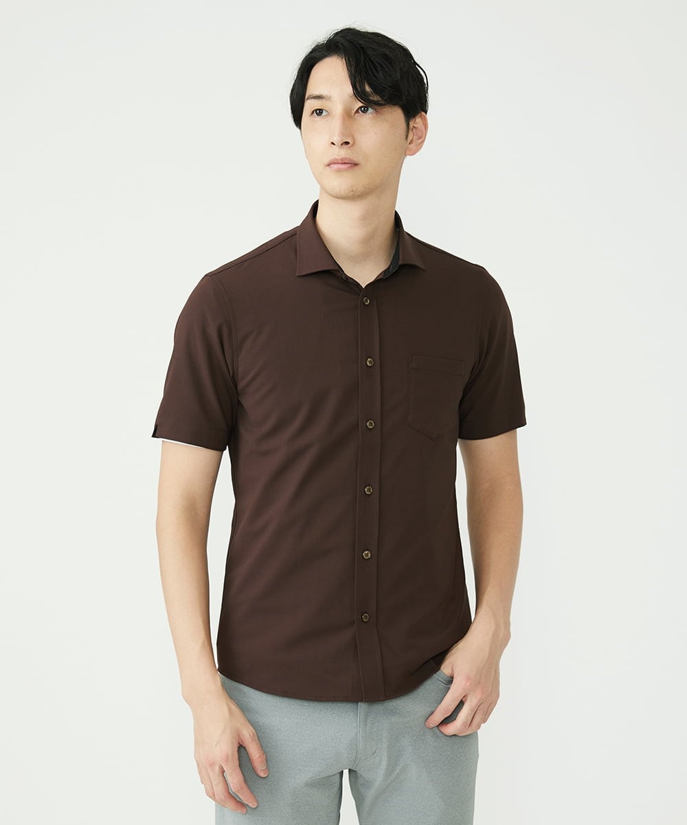 MKBHU11090 MK MICHEL KLEIN HOMME(MKミッシェルクランオム) シンプルベーシックシャツ / TR素材前空きデザイン ブラウン(87)