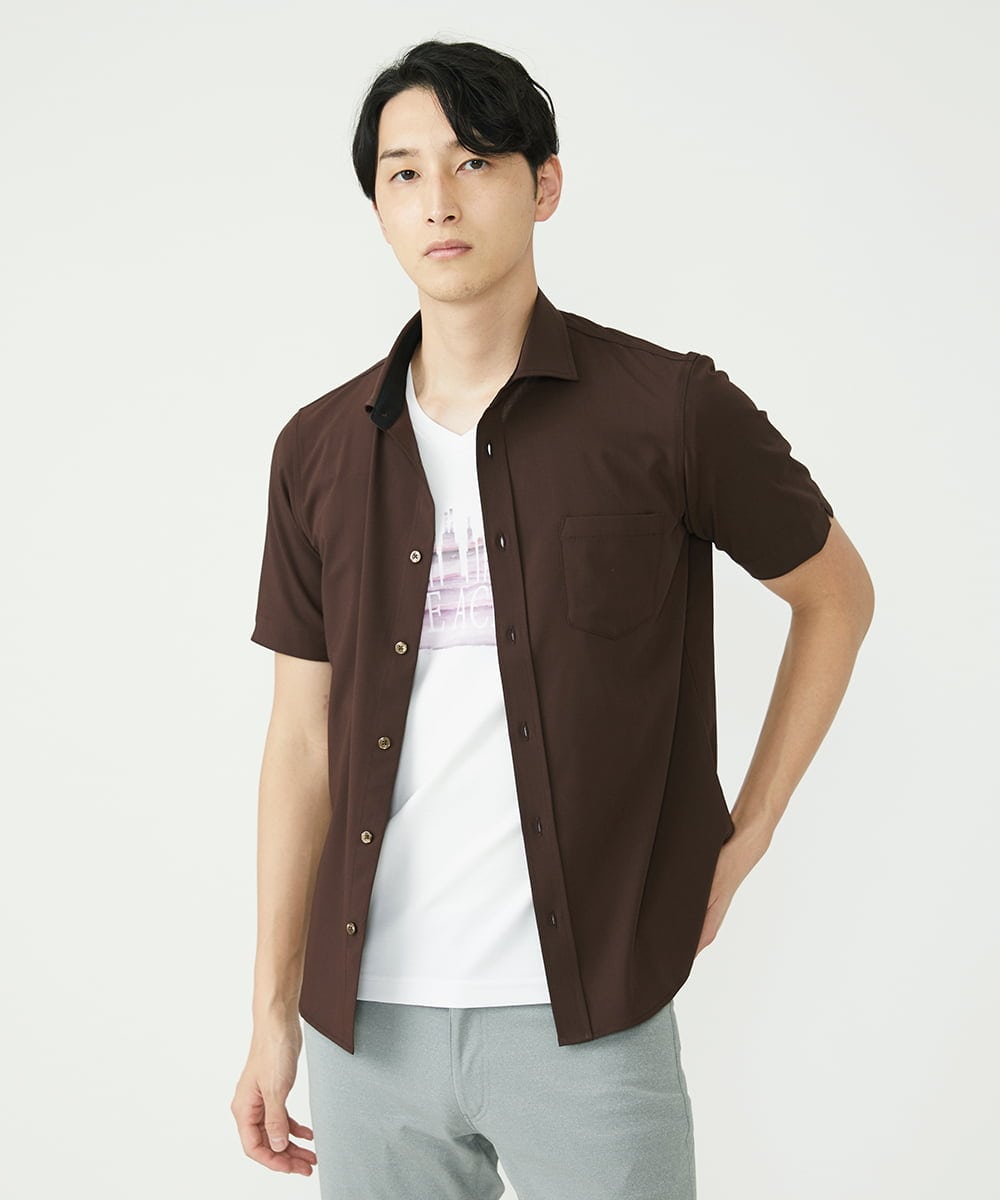 MKBHU11090 MK MICHEL KLEIN HOMME(MKミッシェルクランオム) シンプルベーシックシャツ / TR素材前空きデザイン ブラウン(87)