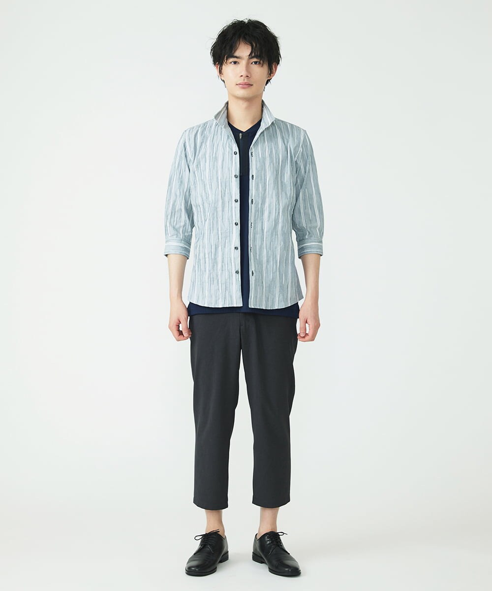 MKBHU22150 MK MICHEL KLEIN HOMME(MKミッシェルクランオム) ストライプスタンドタックシャツ ネイビー(57)