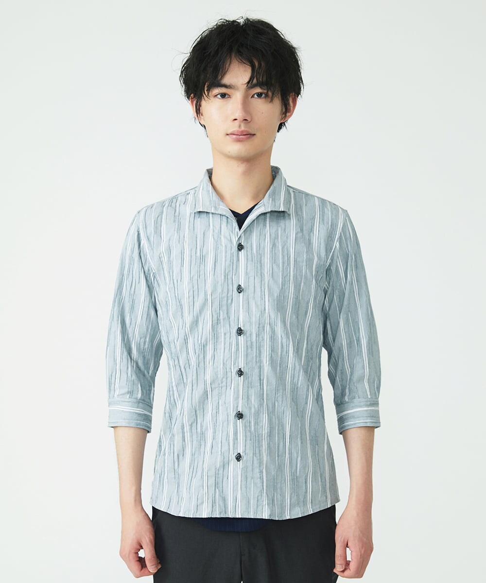 MKBHU22150 MK MICHEL KLEIN HOMME(MKミッシェルクランオム) ストライプスタンドタックシャツ ネイビー(57)
