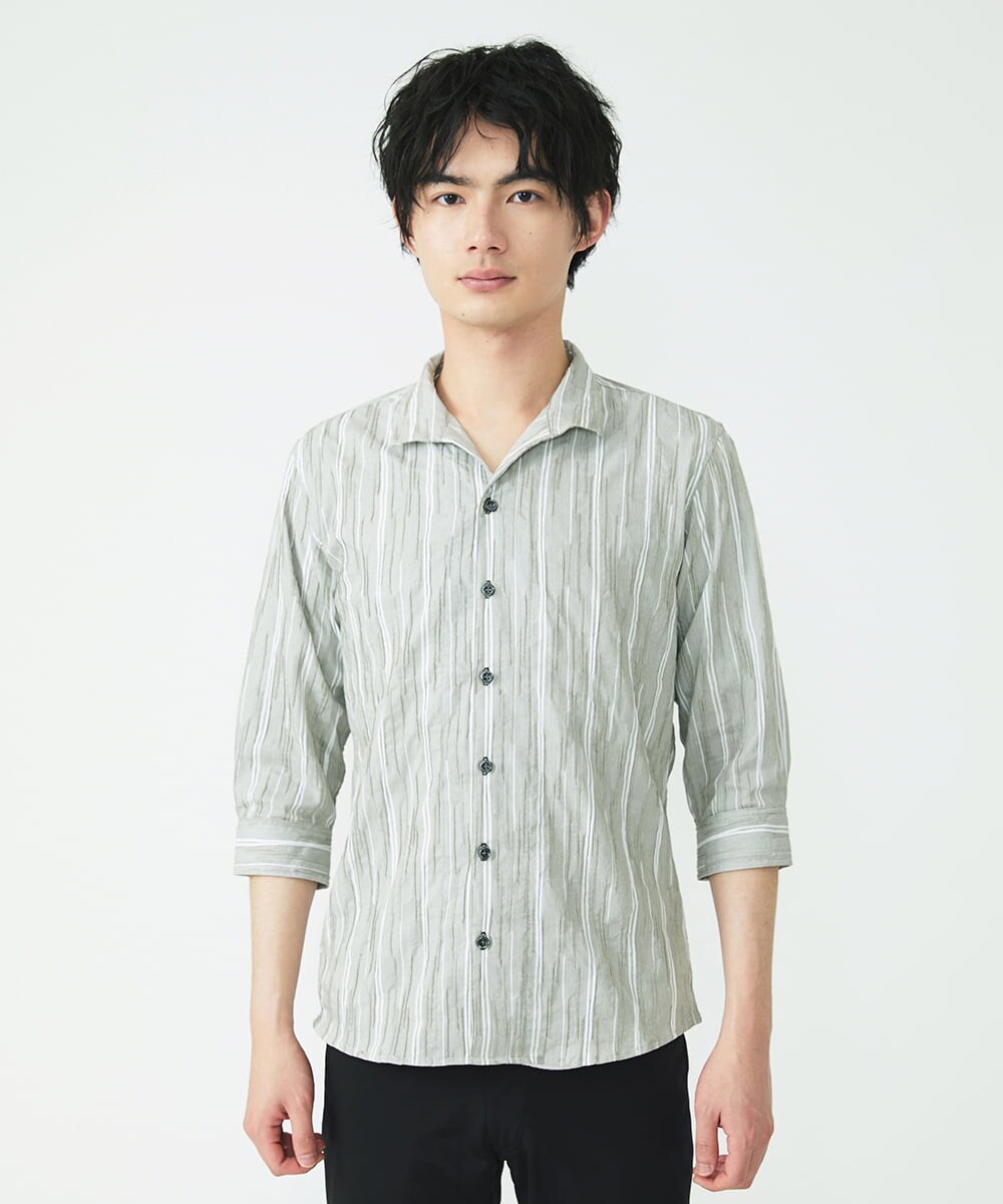 MKBHU22150 MK MICHEL KLEIN HOMME(MKミッシェルクランオム) ストライプスタンドタックシャツ ベージュ(82)