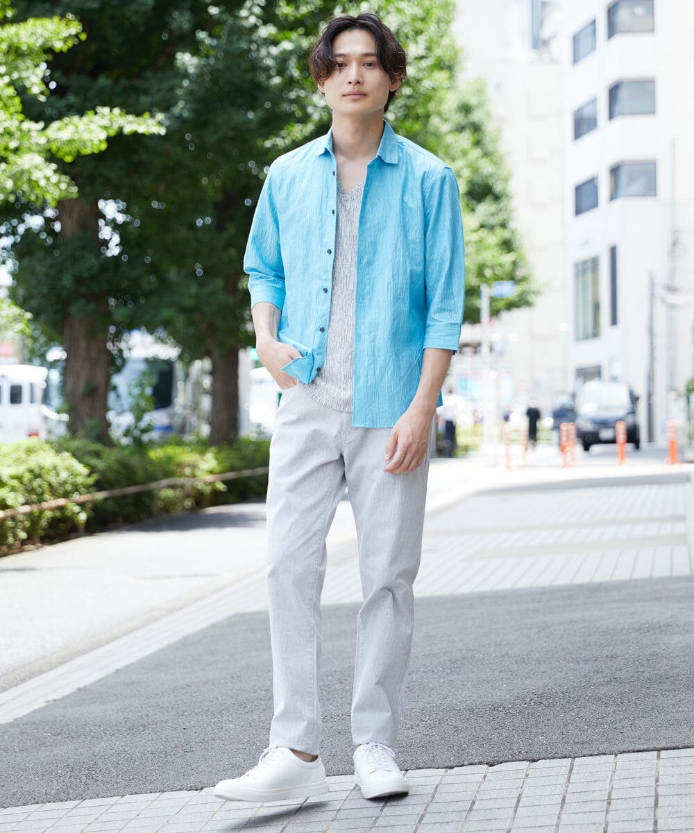 MKBHU74130 MK MICHEL KLEIN HOMME(MKミッシェルクランオム) リネンスタンドシャツ ライトブルー(51)