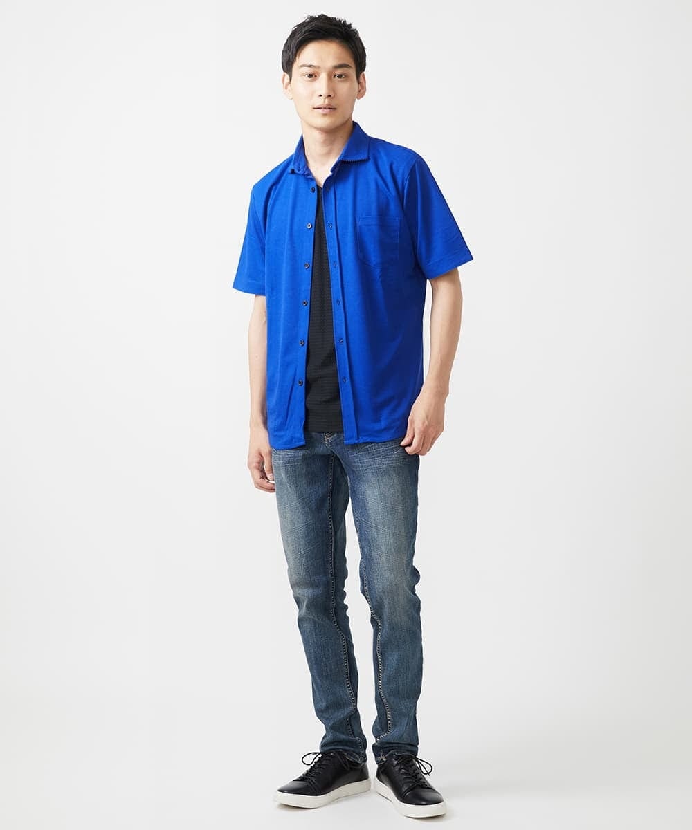 MKBHX34100 MK MICHEL KLEIN HOMME(MKミッシェルクランオム) 【大きいサイズあり】半袖シャツ/ミストワッシャーカノコ ブルー