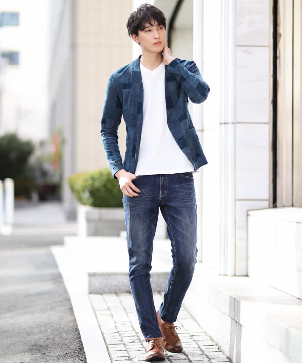 MKCGJ56130 MK MICHEL KLEIN HOMME(MKミッシェルクランオム) カーディガン／TCブロックパイル ネイビー