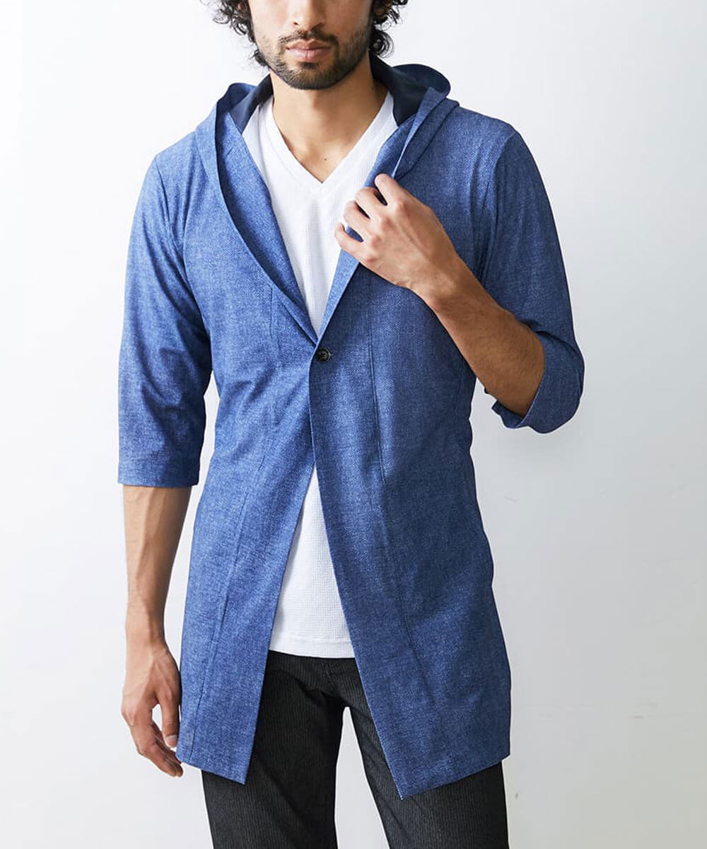 MKCGU51140 MK MICHEL KLEIN HOMME(MKミッシェルクランオム) ロングフードカーディガン / ドライメッシュ  ブルー(55)