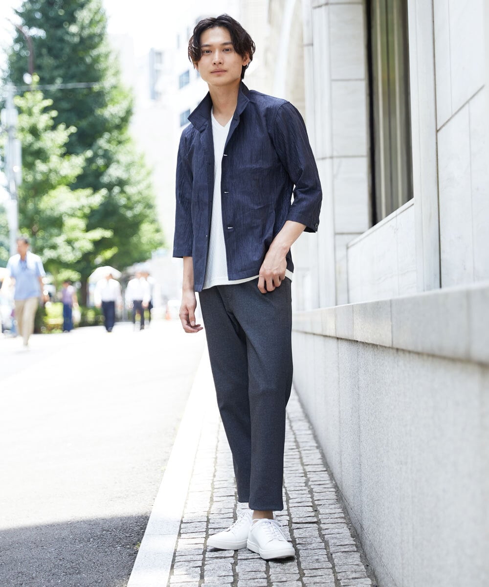 MKCHS74150 MK MICHEL KLEIN HOMME(MKミッシェルクランオム) スタンドカラージャケット  / リネンワッシャー七分袖 ネイビー(58)