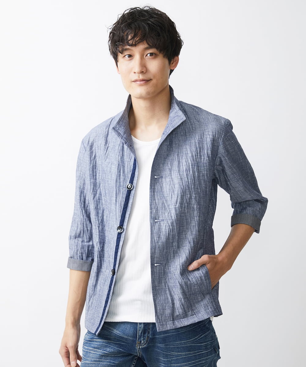 MKCHV74150 MK MICHEL KLEIN HOMME(MKミッシェルクランオム) 【大きいサイズあり】スタンドカラーシャツ/リネンワッシャー ライトブルー