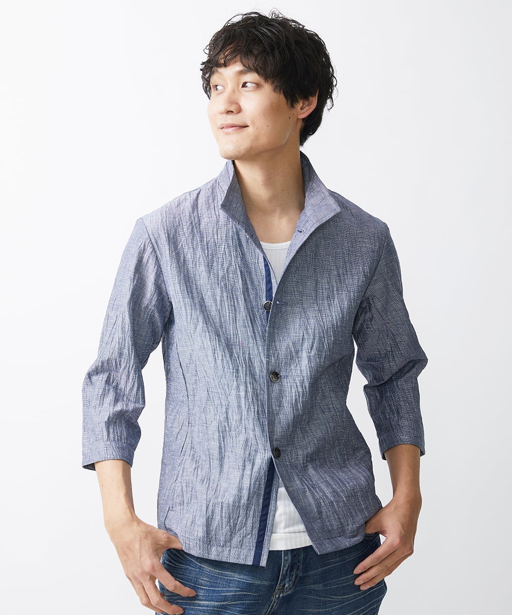MKCHV74150 MK MICHEL KLEIN HOMME(MKミッシェルクランオム) 【大きいサイズあり】スタンドカラーシャツ/リネンワッシャー ライトブルー