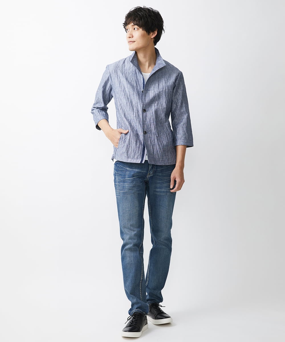 MKCHV74150 MK MICHEL KLEIN HOMME(MKミッシェルクランオム) 【大きいサイズあり】スタンドカラーシャツ/リネンワッシャー ライトブルー