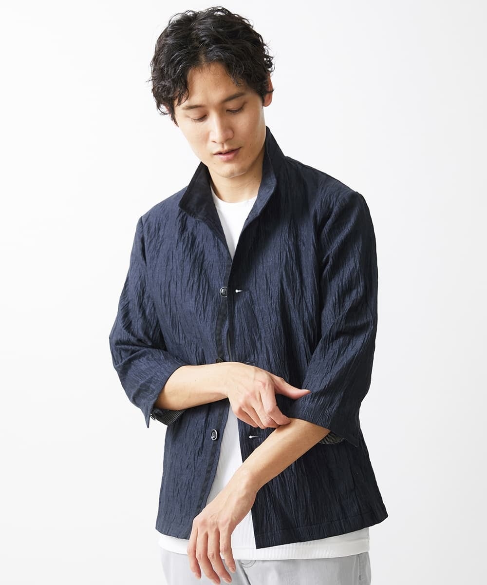 MKCHV74150 MK MICHEL KLEIN HOMME(MKミッシェルクランオム) 【大きいサイズあり】スタンドカラーシャツ/リネンワッシャー ネイビー