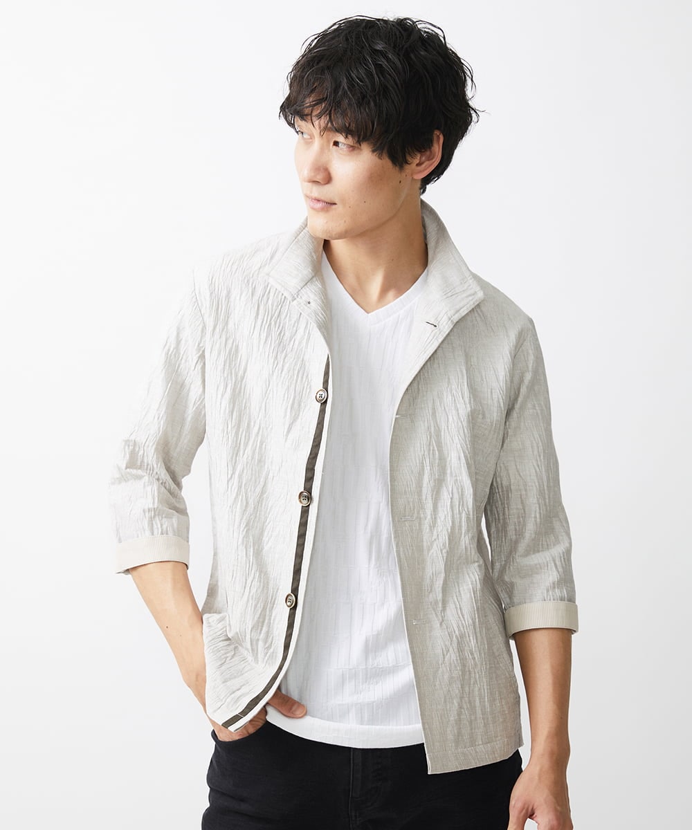 MKCHV74150 MK MICHEL KLEIN HOMME(MKミッシェルクランオム) 【大きいサイズあり】スタンドカラーシャツ/リネンワッシャー アイボリー