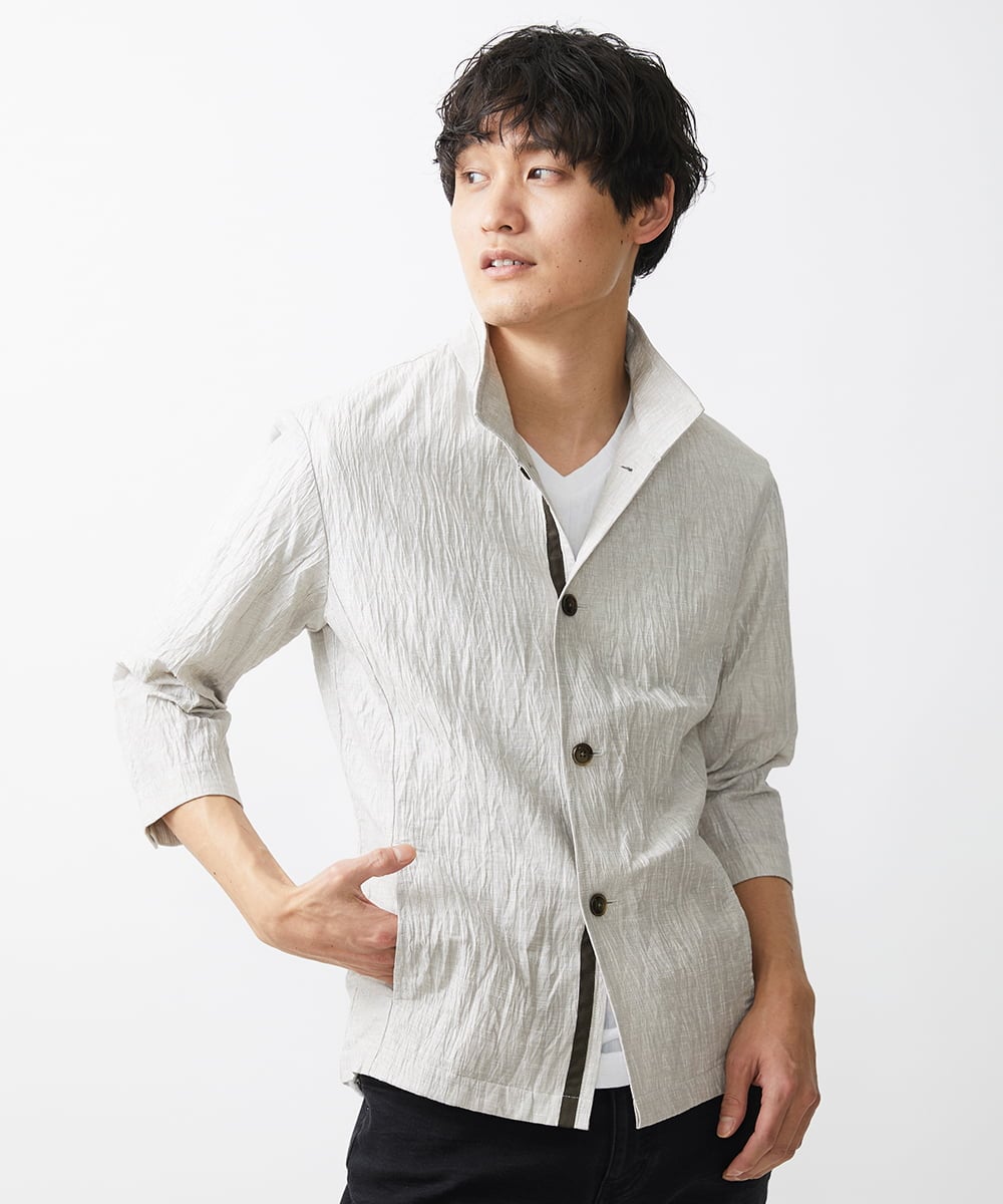 MKCHV74150 MK MICHEL KLEIN HOMME(MKミッシェルクランオム) 【大きいサイズあり】スタンドカラーシャツ/リネンワッシャー アイボリー