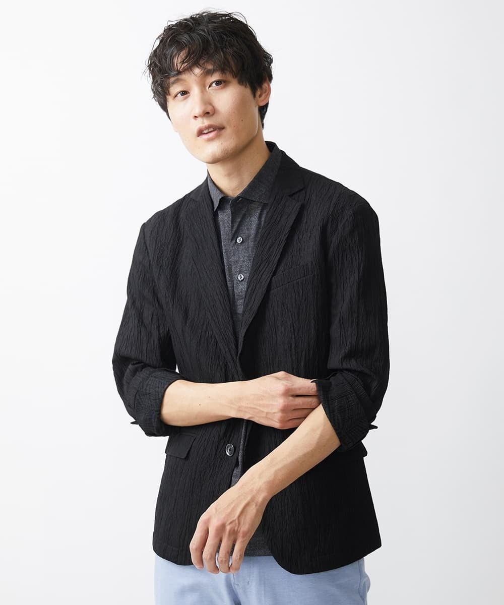 MKDGV74270 MK MICHEL KLEIN HOMME(MKミッシェルクランオム) 【MonoMax 5月号掲載】リネンタッチ楊柳 テーラードジャケット /セットアップ対応 ブラック