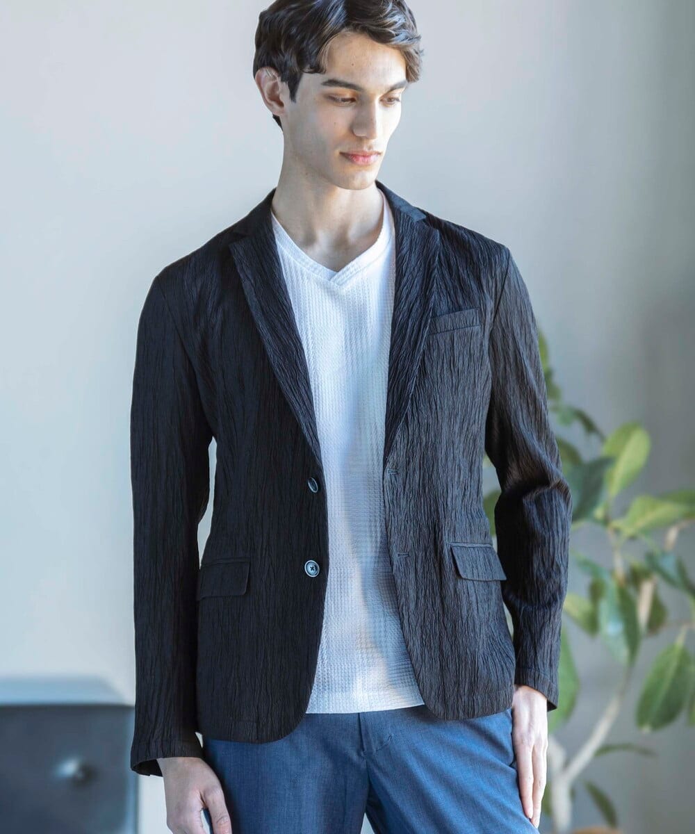 MKDGV74270 MK MICHEL KLEIN HOMME(MKミッシェルクランオム) 【MonoMax 5月号掲載】リネンタッチ楊柳 テーラードジャケット /セットアップ対応 ブラック