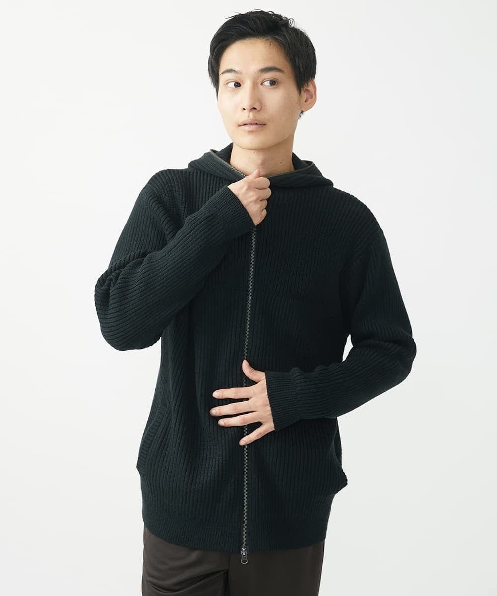 MKFAC15140 MK MICHEL KLEIN HOMME(MKミッシェルクランオム) 【洗える】ニットフードカーディガン / バルキーアクリル畔 ブラック