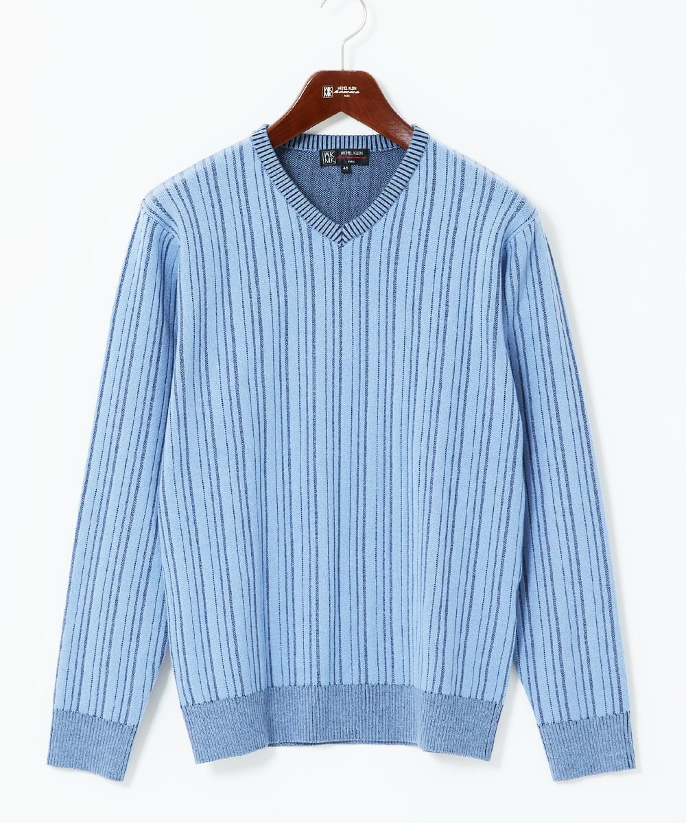 MKFAD60099 MK MICHEL KLEIN HOMME(MKミッシェルクランオム) 【Vネック/洗濯機で洗える】ランダムタック ストライプニット ライトブルー