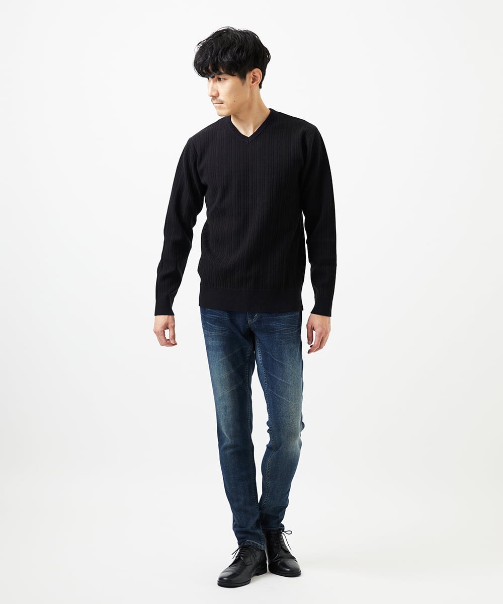 MKFAD60099 MK MICHEL KLEIN HOMME(MKミッシェルクランオム) 【Vネック/洗濯機で洗える】ランダムタック ストライプニット ネイビー