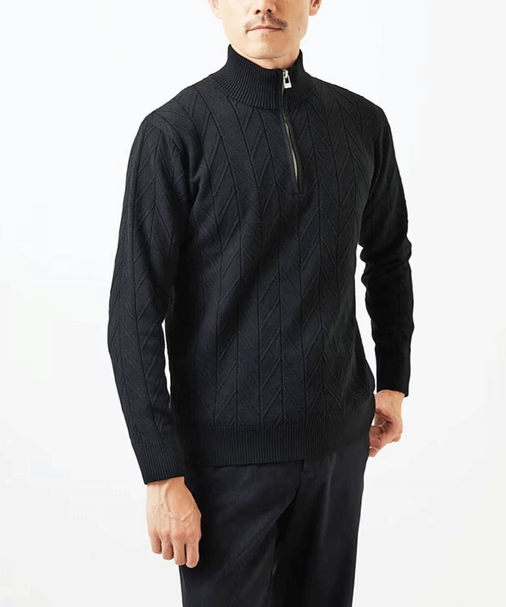 MKFAD62110 MK MICHEL KLEIN HOMME(MKミッシェルクランオム) 【洗える/リサイクル糸使用】ハーフジップニット / ミックスヘリンボン ブラック