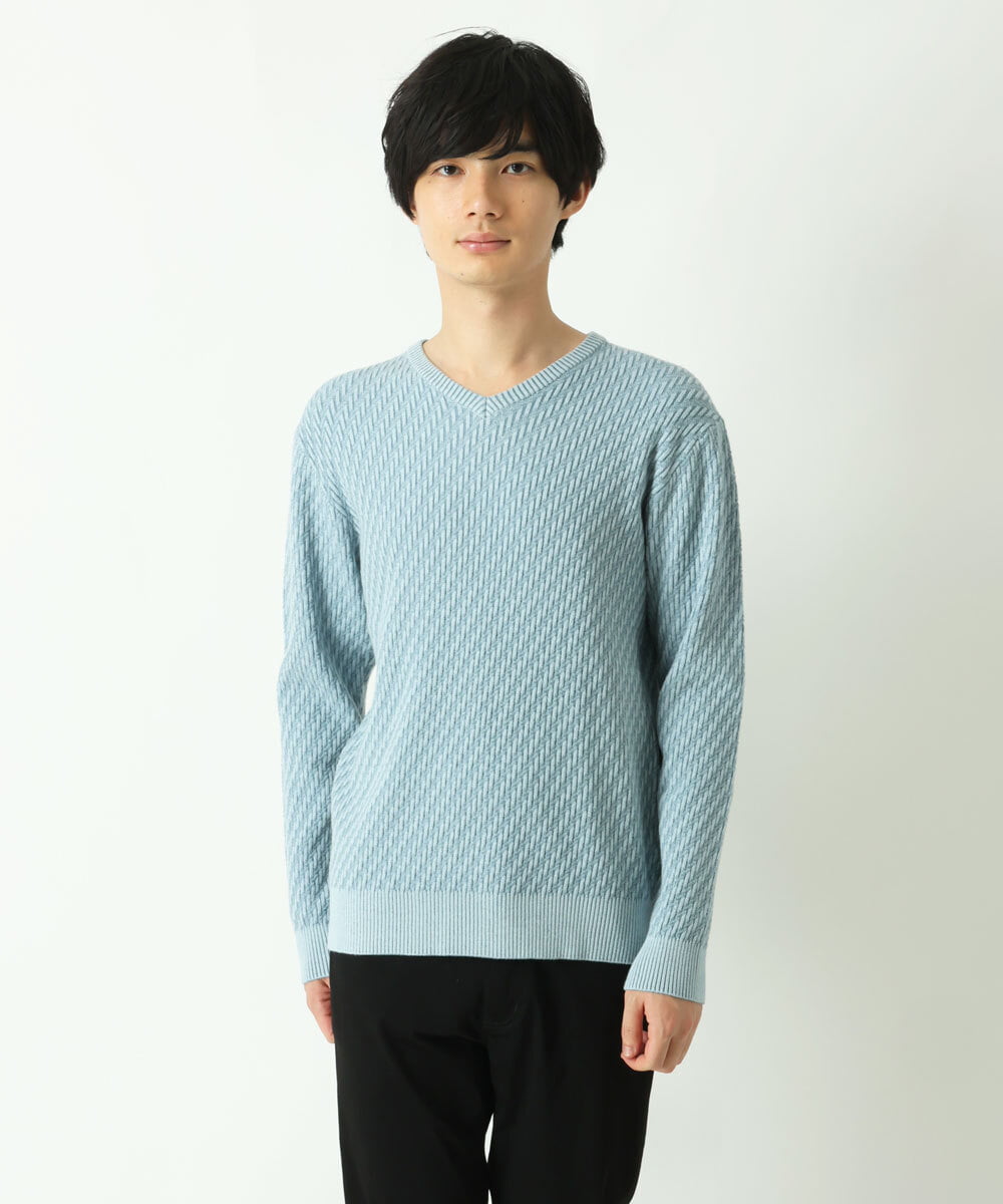 MKFAS50089 MK MICHEL KLEIN HOMME(MKミッシェルクランオム) Vネックニット / デオドラントヘリンボーン ライトブルー(50)