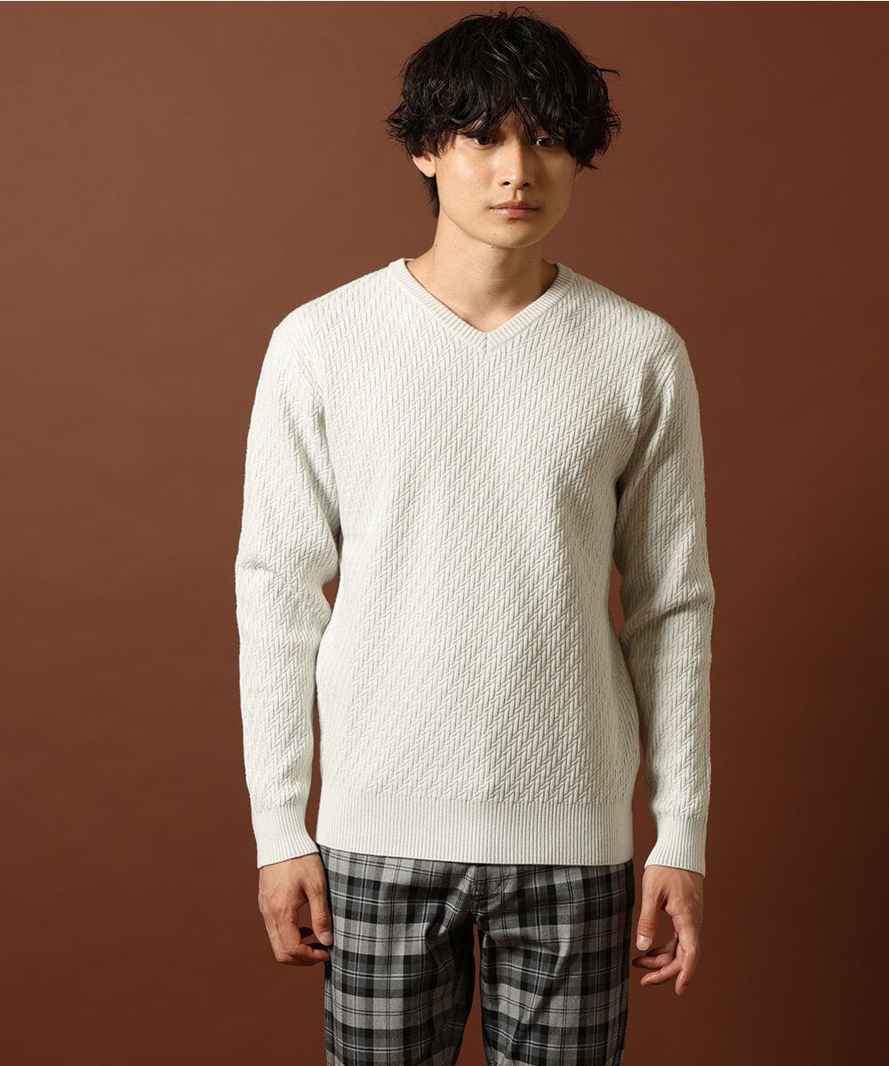 MKFAS50089 MK MICHEL KLEIN HOMME(MKミッシェルクランオム) Vネックニット / デオドラントヘリンボーン ホワイト(90)