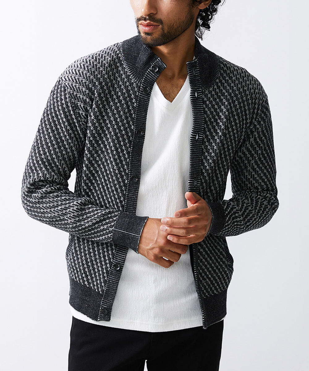 MKFAV50130 MK MICHEL KLEIN HOMME(MKミッシェルクランオム) スタンドカーディガン / ツイルへリンボン ダークグレー(93)