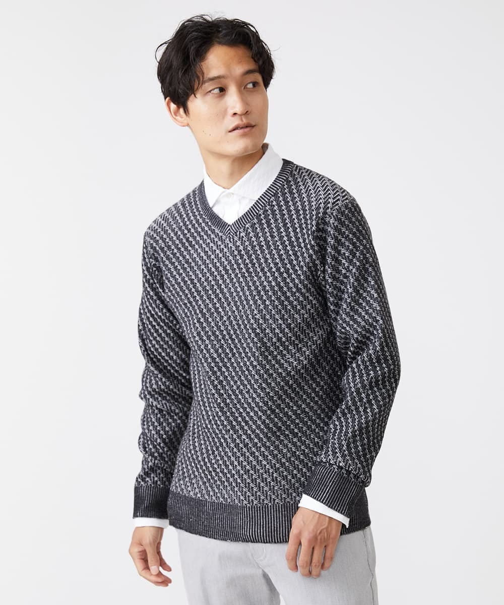 MKFAV60099 MK MICHEL KLEIN HOMME(MKミッシェルクランオム) へリンボンVネックニット ダークグレー(93)