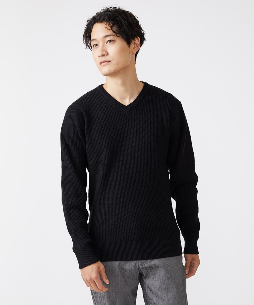 MKFAV60099 MK MICHEL KLEIN HOMME(MKミッシェルクランオム) へリンボンVネックニット ブラック(94)
