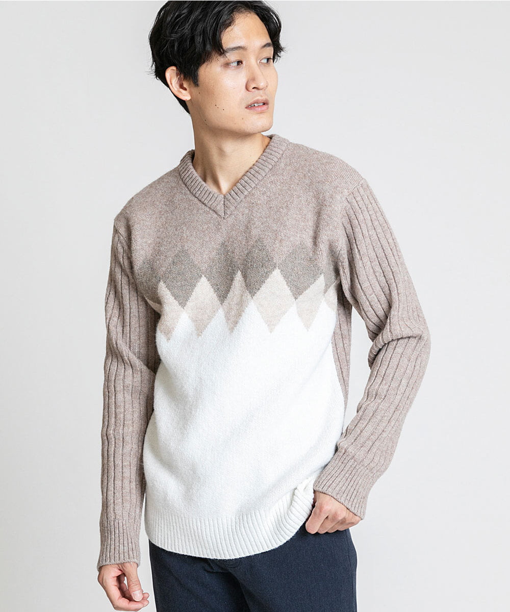 MKFAX27089 MK MICHEL KLEIN HOMME(MKミッシェルクランオム) ダイヤグラデーションニット ベージュ(84)