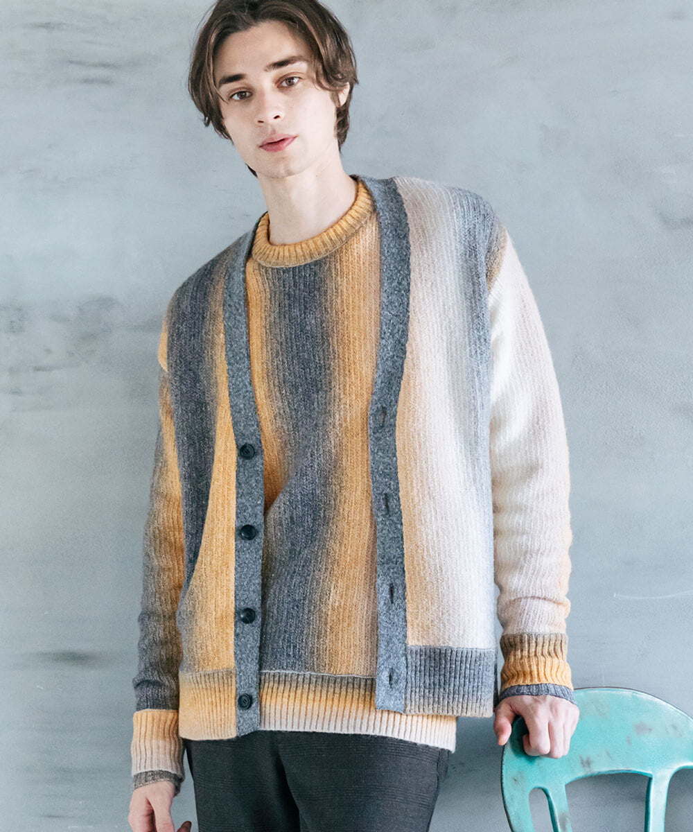 MKFAX57120 MK MICHEL KLEIN HOMME(MKミッシェルクランオム) ストライプグラデーションカーディガン イエロー(25)