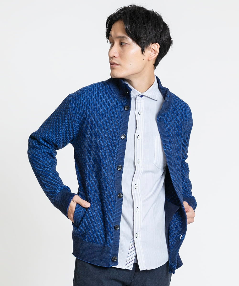 MKFCV50130 MK MICHEL KLEIN HOMME(MKミッシェルクランオム) スタンドカーディガン / ツイルへリンボン ブルー(55)