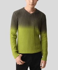 MKFDC40110 MK MICHEL KLEIN HOMME(MKミッシェルクランオム) 【在庫限り！/秋・春着用可能/洗える/コットン糸】Vネックニット/グラデーションケーブル カーキ