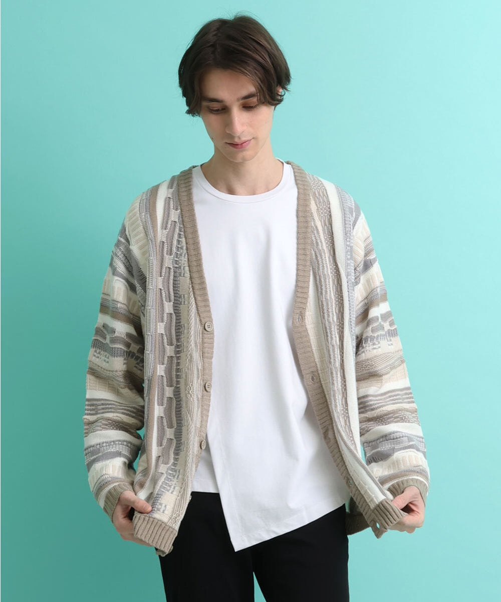 MKFDU88110 MK MICHEL KLEIN HOMME(MKミッシェルクランオム) ミックスストライプカーディガン グレーベージュ(91)