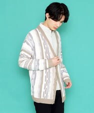 MKFDU88110 MK MICHEL KLEIN HOMME(MKミッシェルクランオム) ミックスストライプカーディガン グレーベージュ(91)