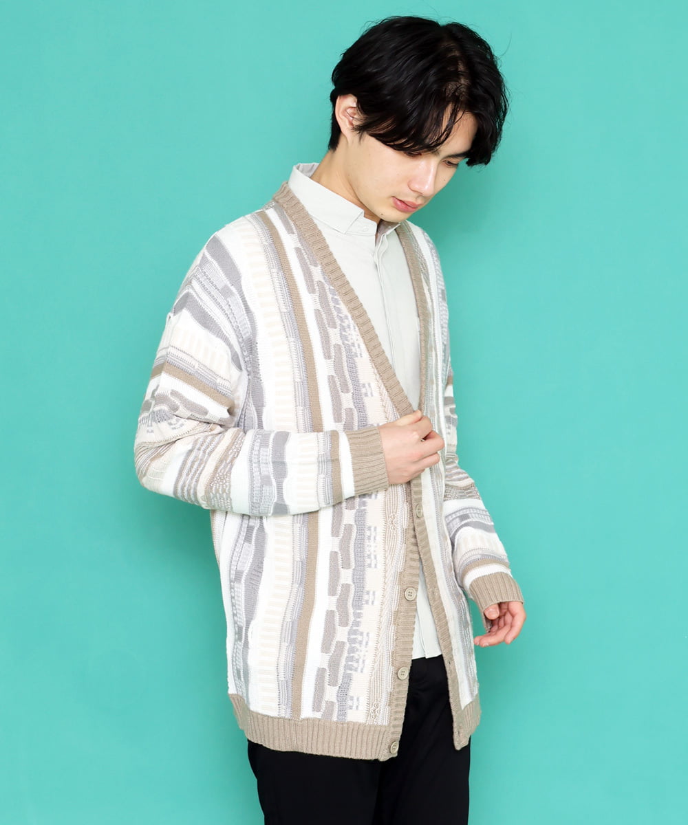 MKFDU88110 MK MICHEL KLEIN HOMME(MKミッシェルクランオム) ミックスストライプカーディガン グレーベージュ(91)